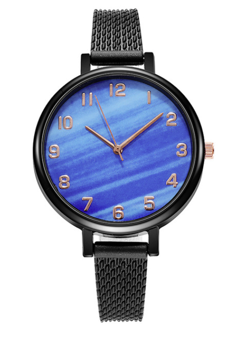 blue faced watch with gold numbers and a black trim with a black strap on a white background