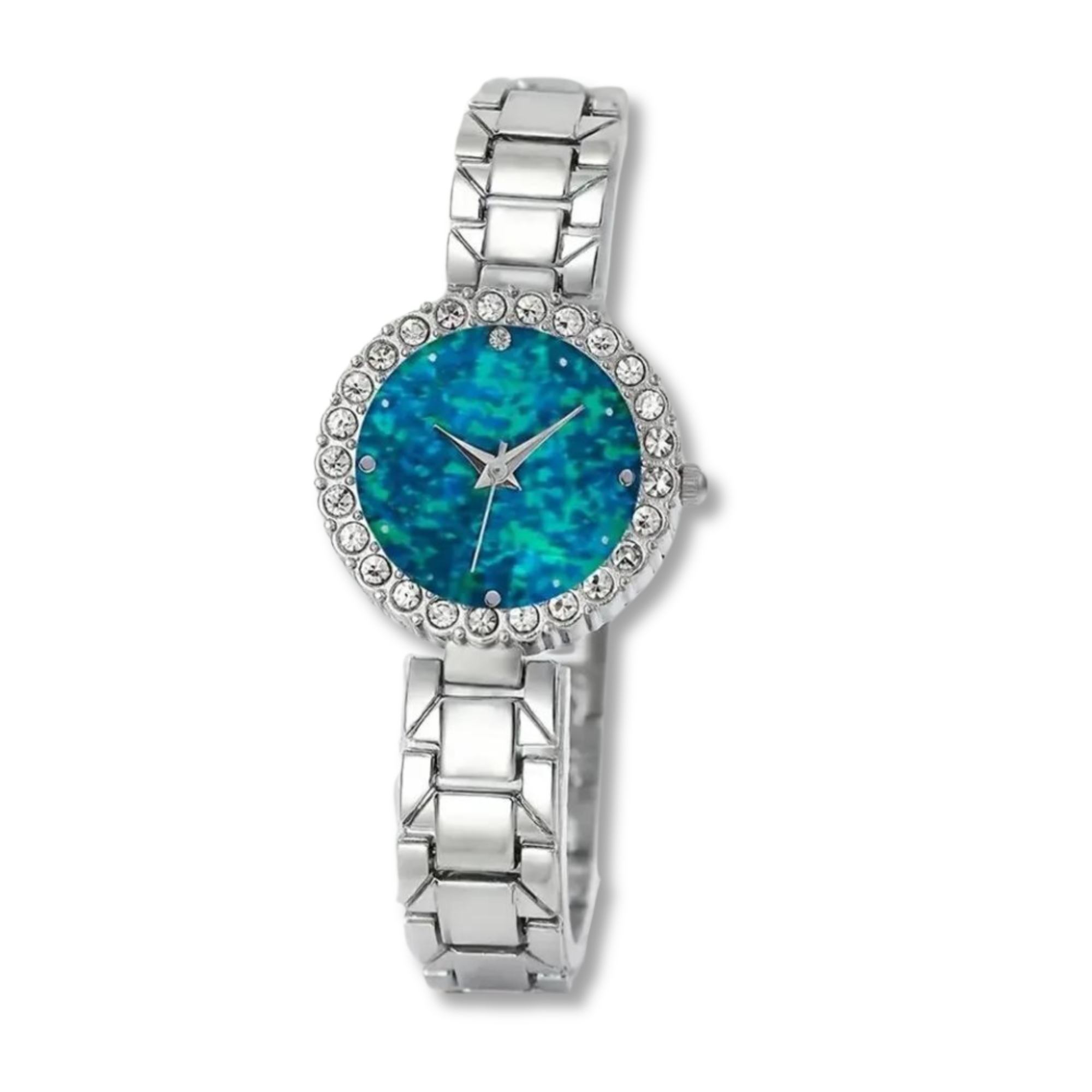 glittery blue faced watch with a crystal trim and a silver chain strap on a white background