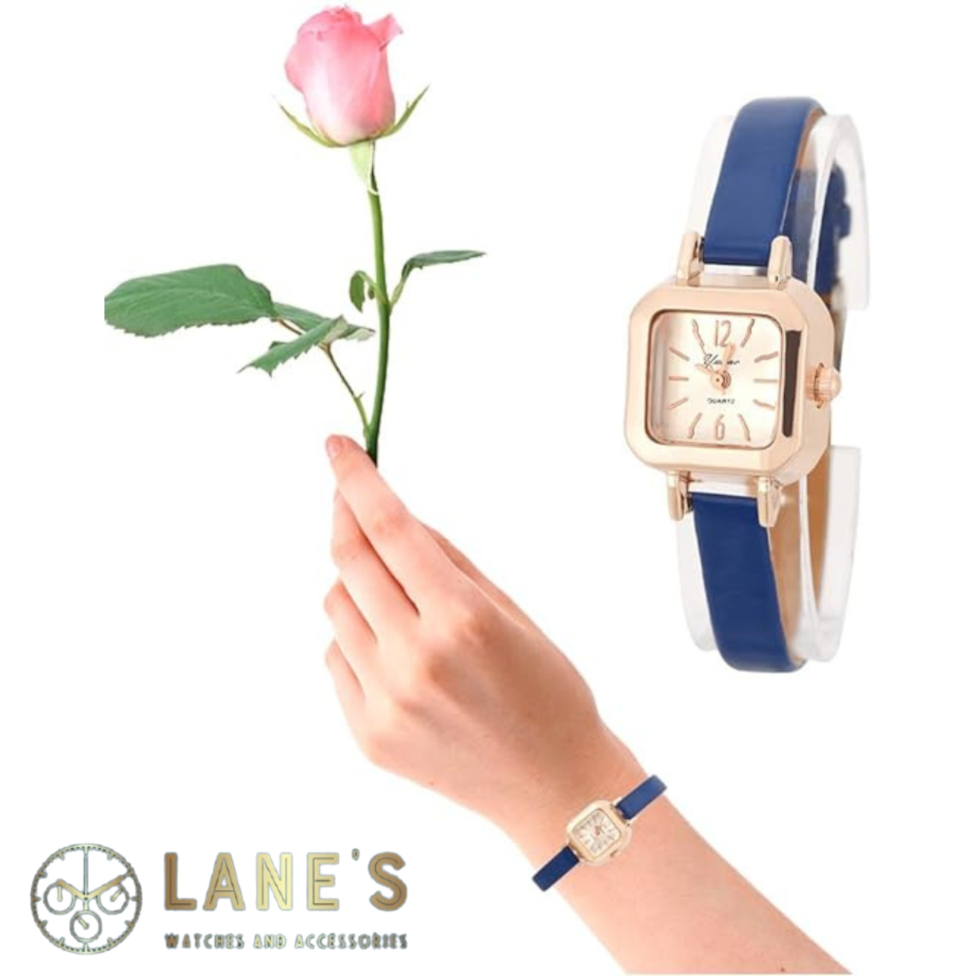 white faced rounded square watch with the numbers 12 and 6 and lines representing the rest of the numbers in a gold colour. with a gold square trim around it and a thin blue strap on a woman's wrist holding a pink rose and on a white background