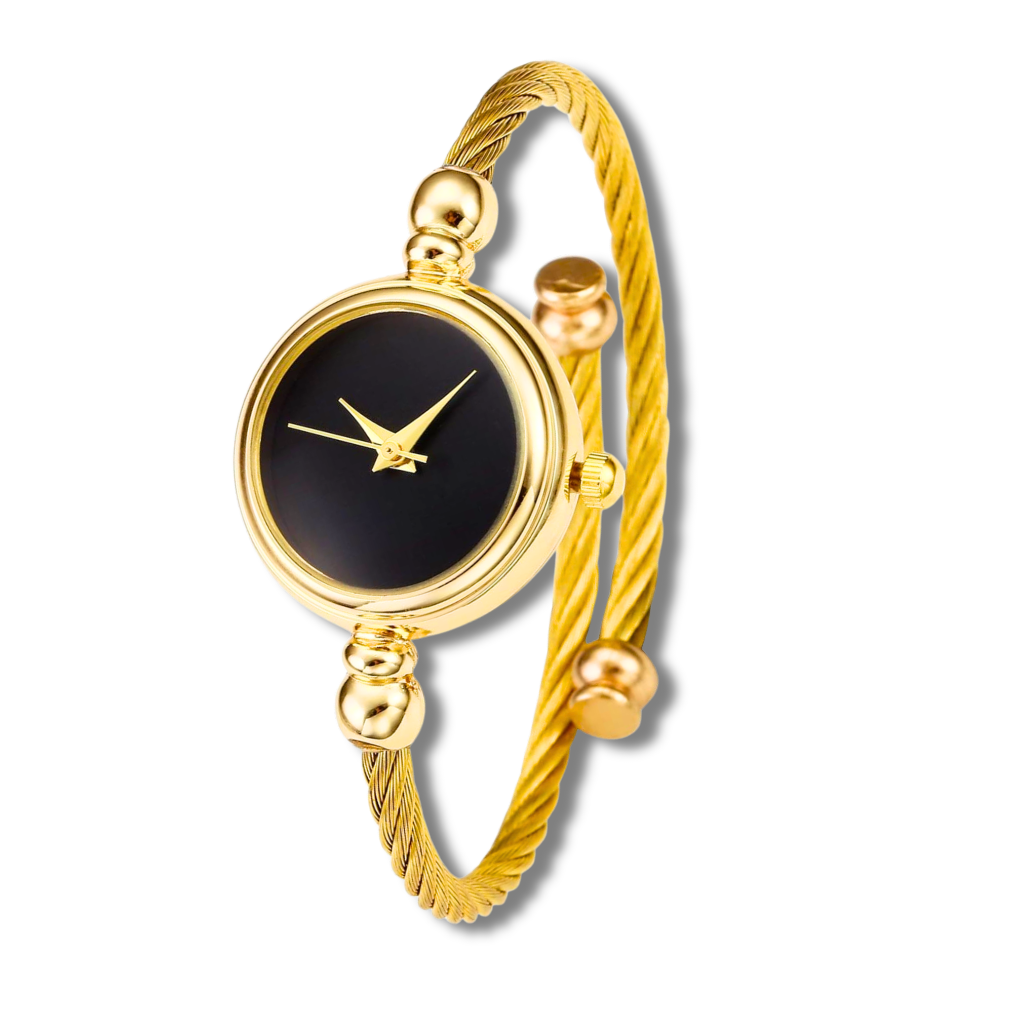 gold circle watch with a black face with no numbers or lines with a gold trim and a thin gold rope strap on a white background