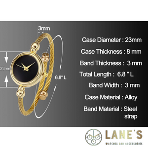 gold circle watch with a black face with no numbers or lines with a gold trim and a thin gold rope strap measurements