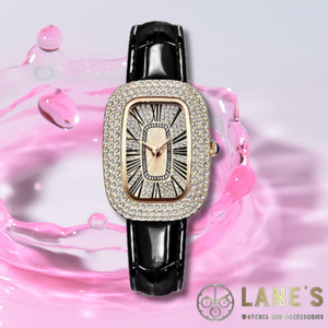 Elegant Ebony Ladies Watch on a pink background