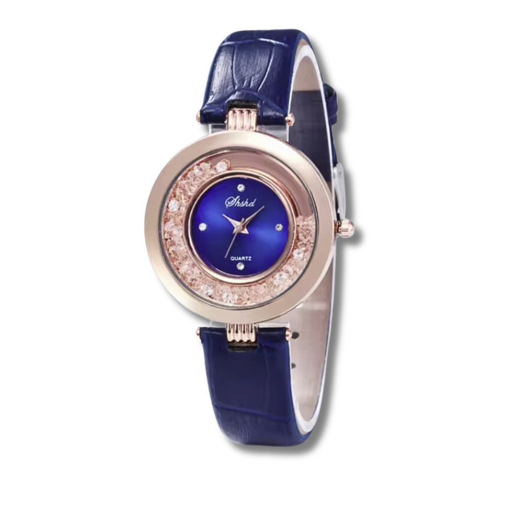 Blue Ladies watch with moving crystals in the centre and a smaller clock