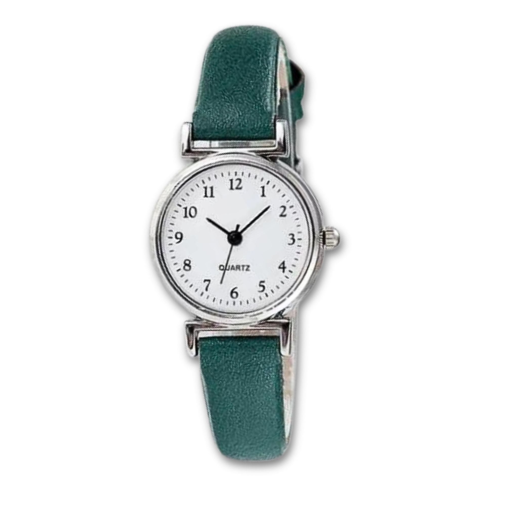 Green Meadow Ladies watch. Green strap, white face with silver trim. Numbers in black 1-12 with hour minute and second hands