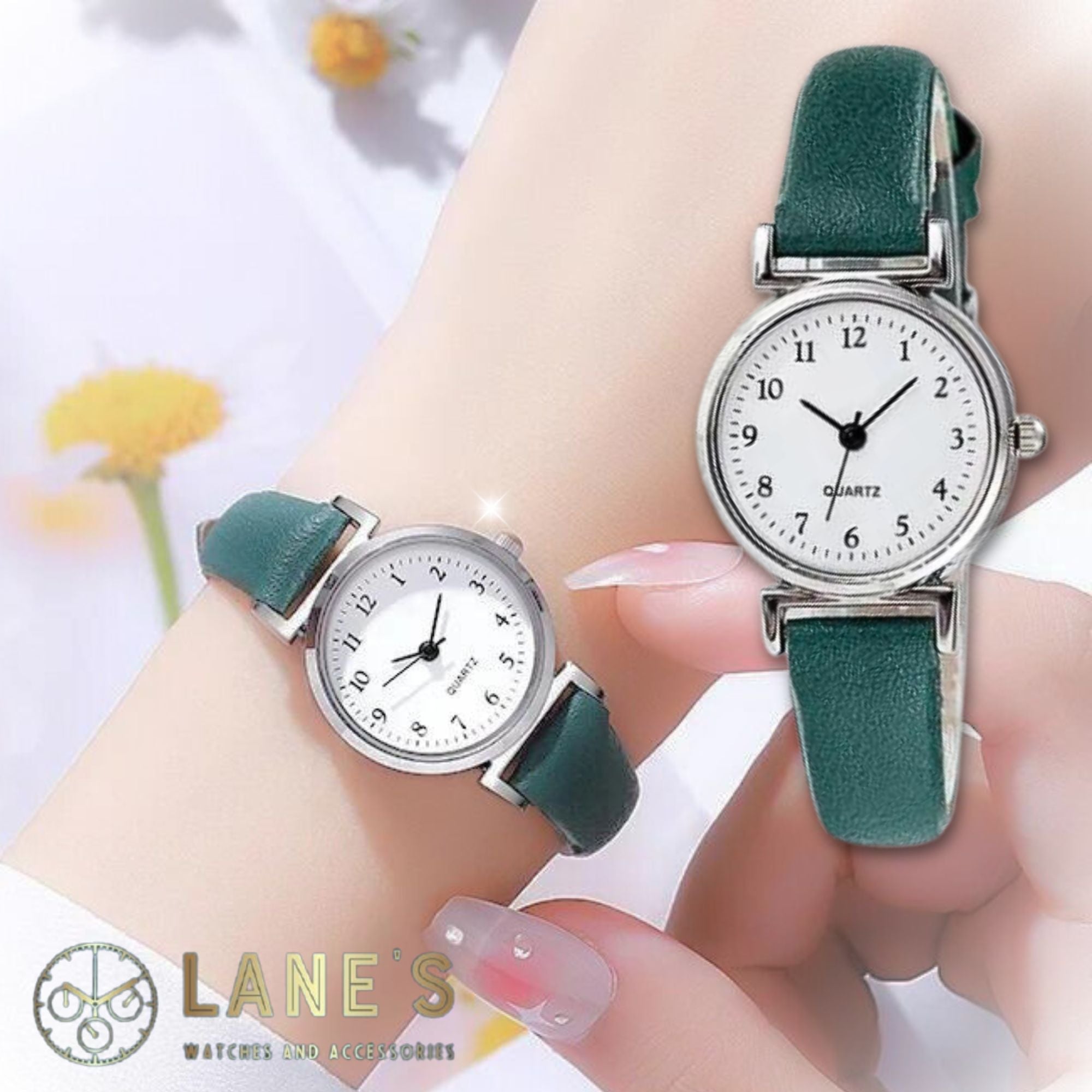 Green Meadow Ladies watch. Green strap, white face with silver trim. Numbers in black 1-12 with hour minute and second hands