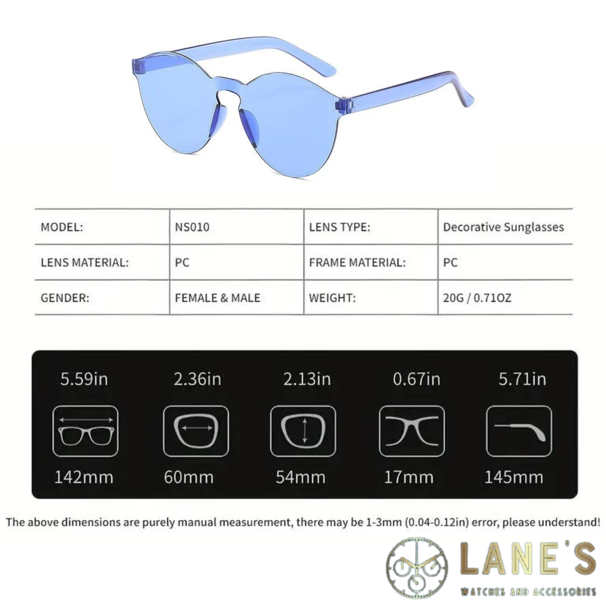 Rimless Blue Unisex Sunglasses