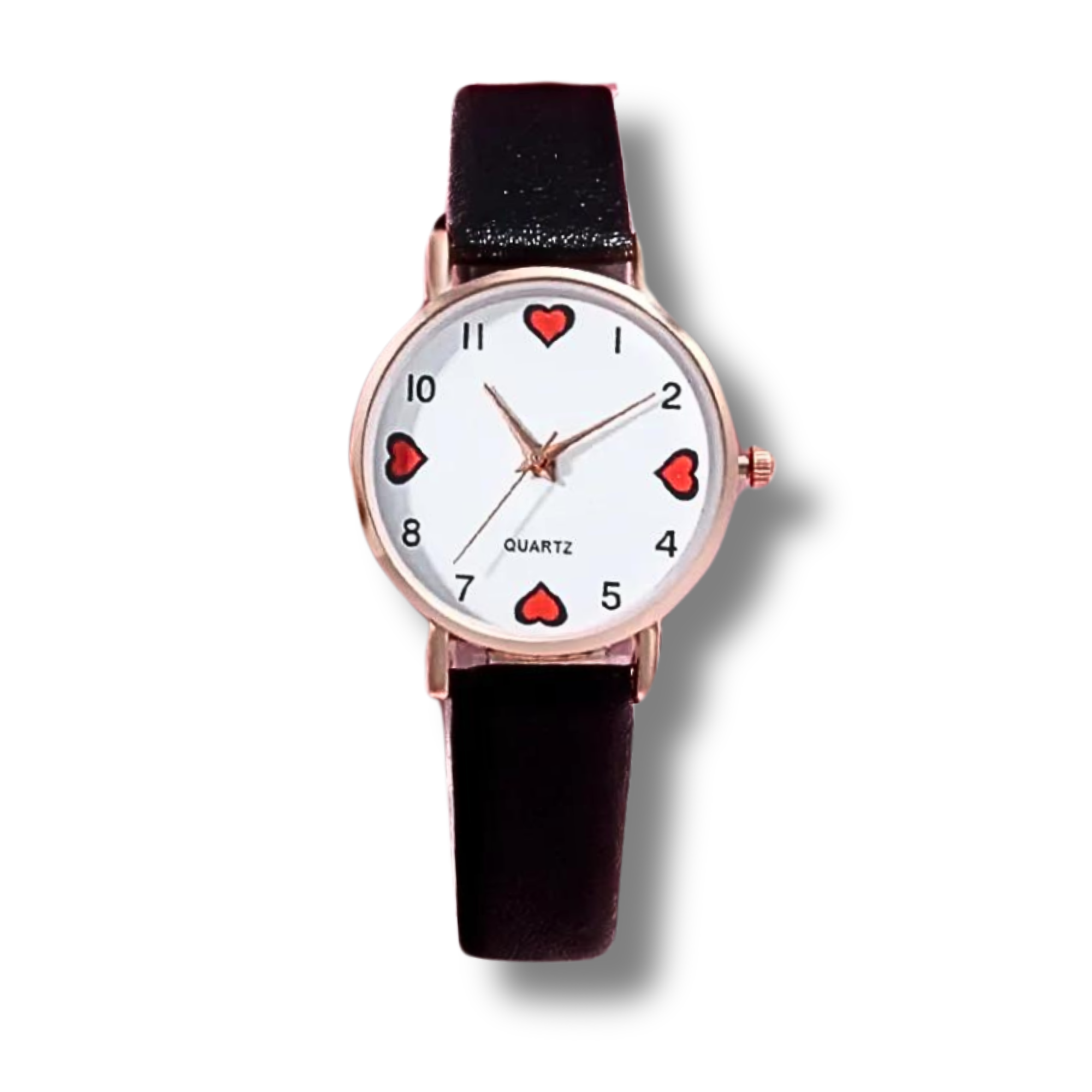 black outlined red hearts at the numbers 12 3 6 and 9 with the rest of the numbers being black on a white faced watch with a gold trim and a black textured strap on a white background