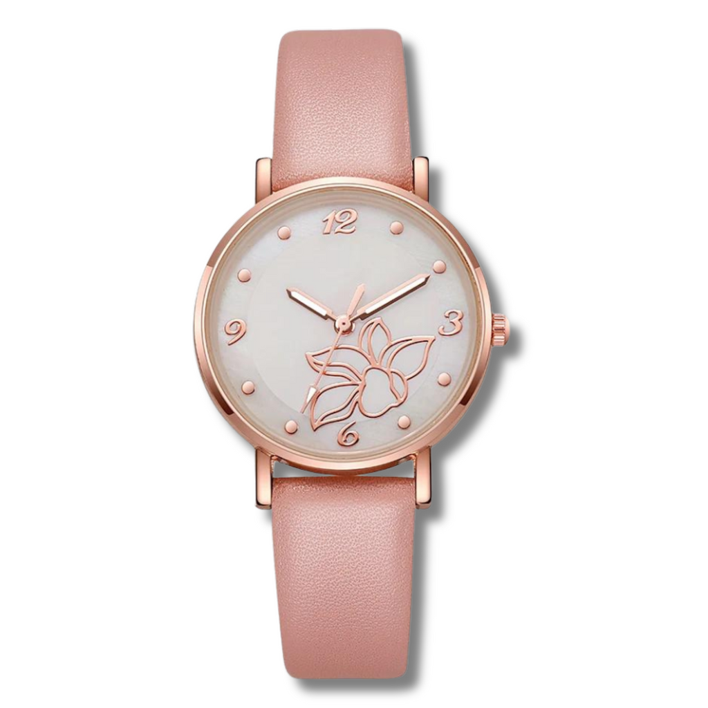 creamy faced watch with rose gold numbers and a rose gold water lily with a rose gold trim and a pink strap on a white background