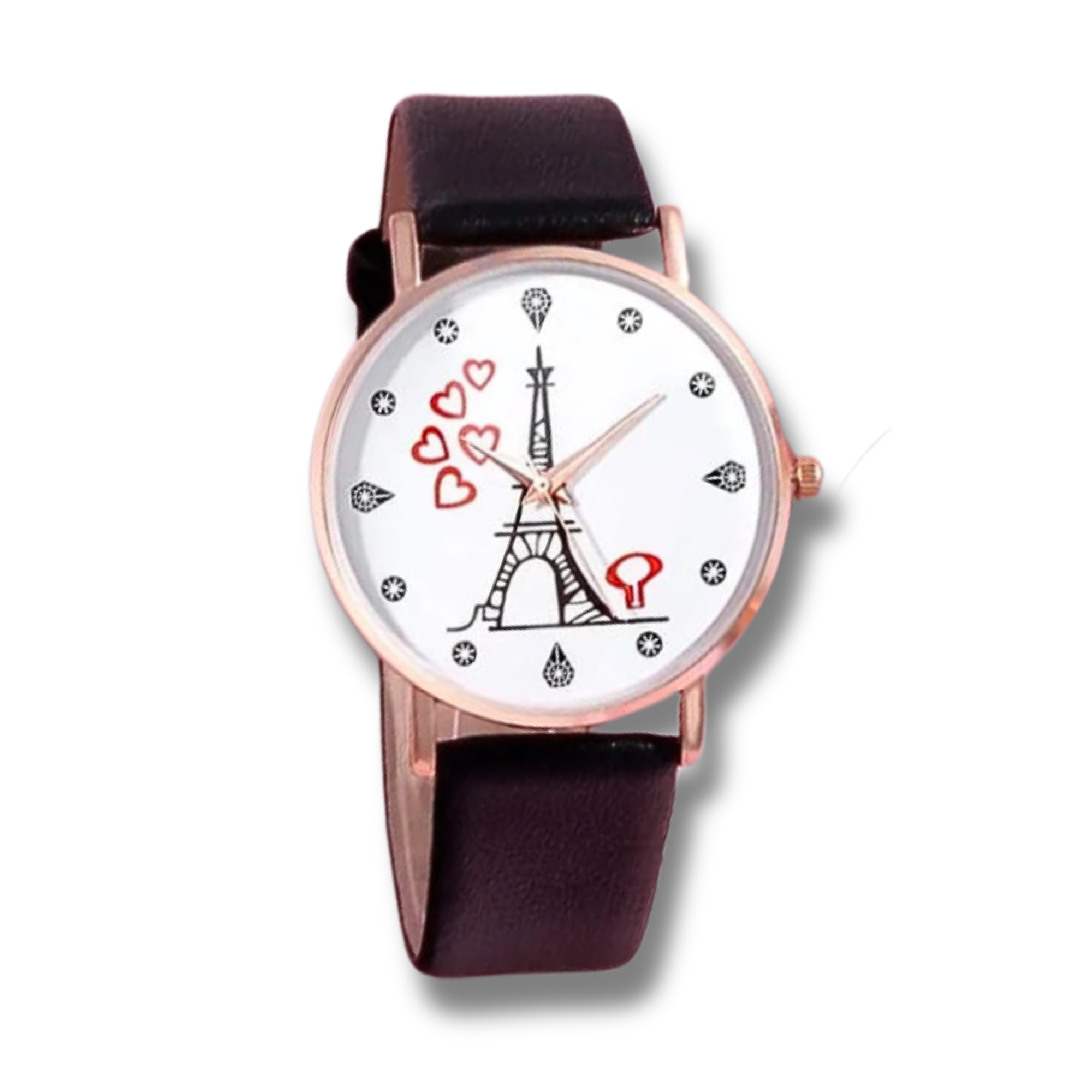 white faced watch with a mini Eiffel tower and  5 red floating hearts with pin points representing numbers with a gold trim and a black strap on a white background