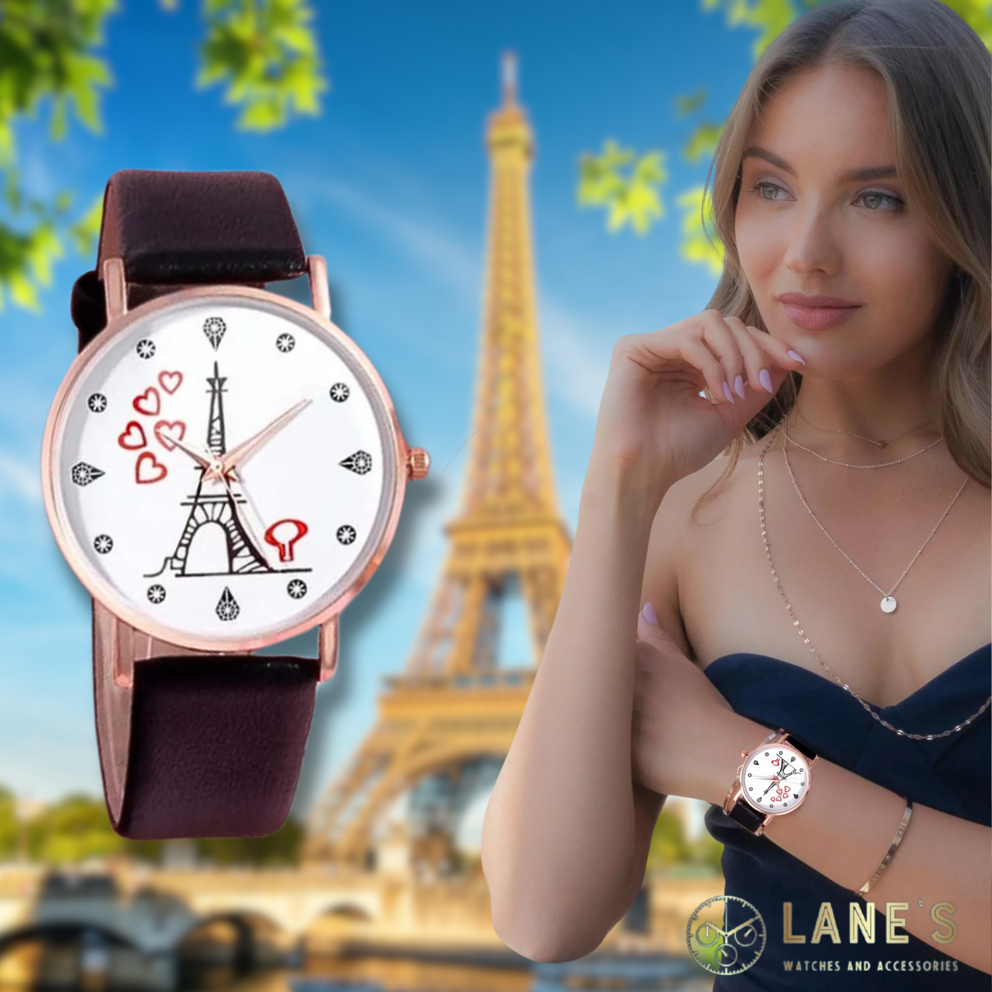 white faced watch with a mini Eiffel tower and 5 red floating hearts with pin points representing numbers with a gold trim and a black strap on a woman's wrist on a Paris Eiffel tower background