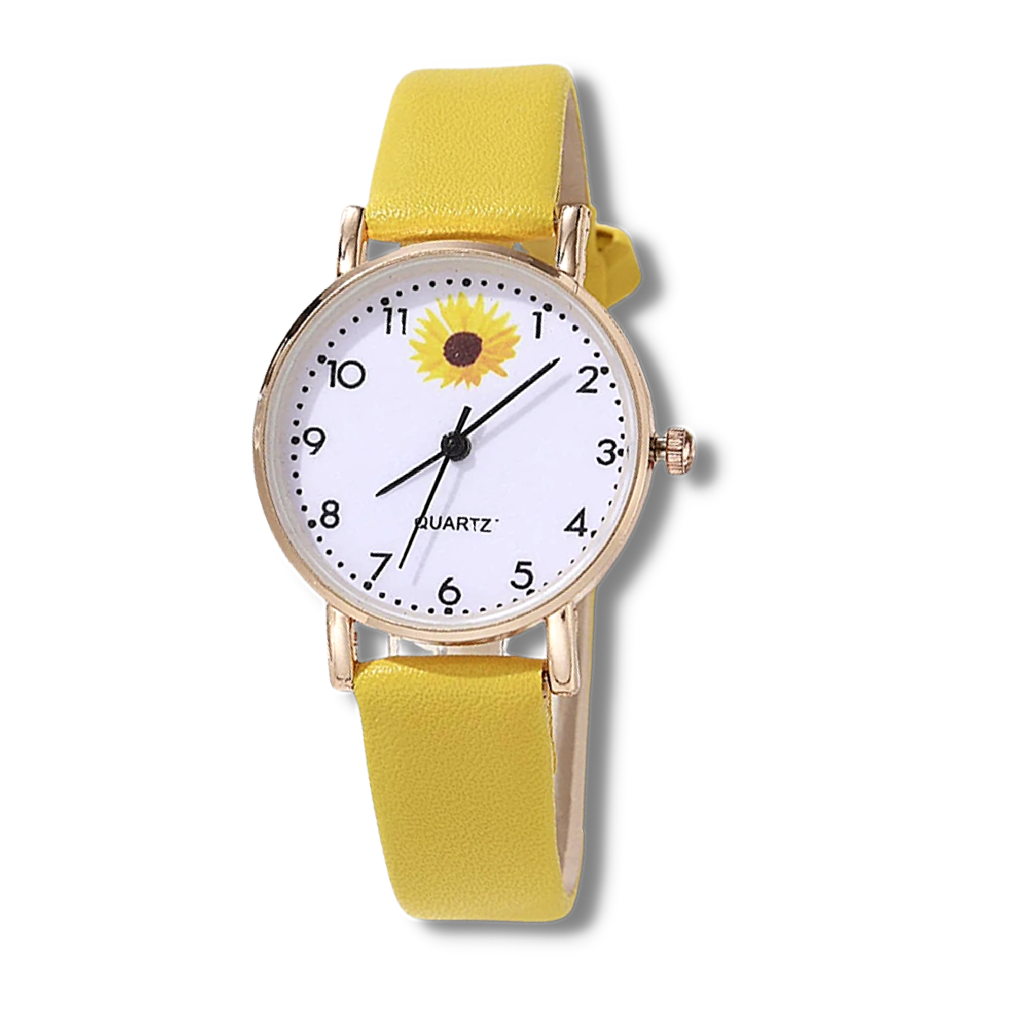 white faced watch with black numbers and a yellow sunflower at the top with black hands and a gold trim with a yellow strap