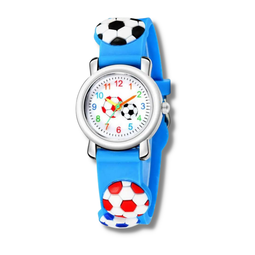 small football watch with a white face with colourful numbers and 2 small footballs in the middle with a silver trim and blue strap with footballs