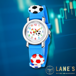 small football watch with a white face with colourful numbers and 2 small footballs in the middle with a silver trim and blue strap with footballs