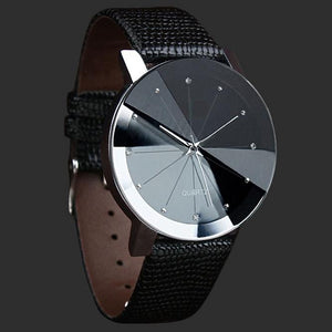 black faced watch with a shaped glass with a point with crystal dots representing the numbers with a silver trim and a black strap with a grey background