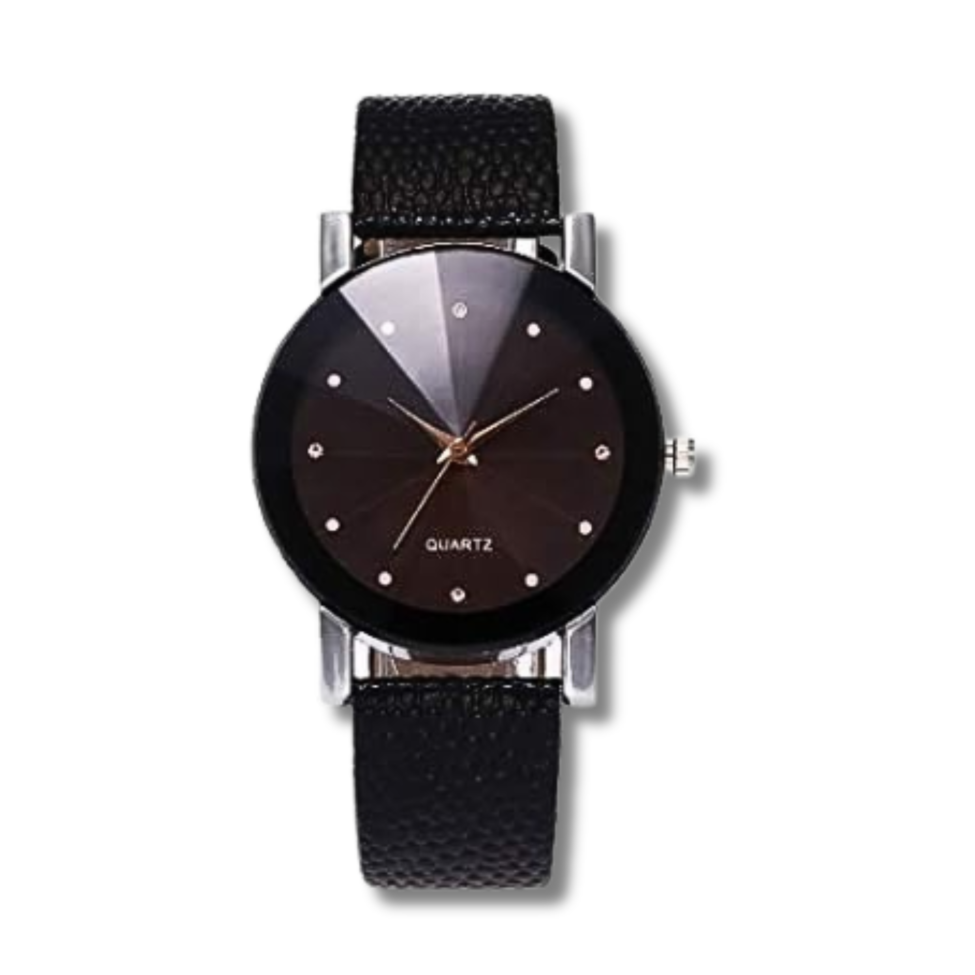 black faced watch with a shaped glass with a point with crystal dots representing the numbers with a silver trim and a black strap with a white background