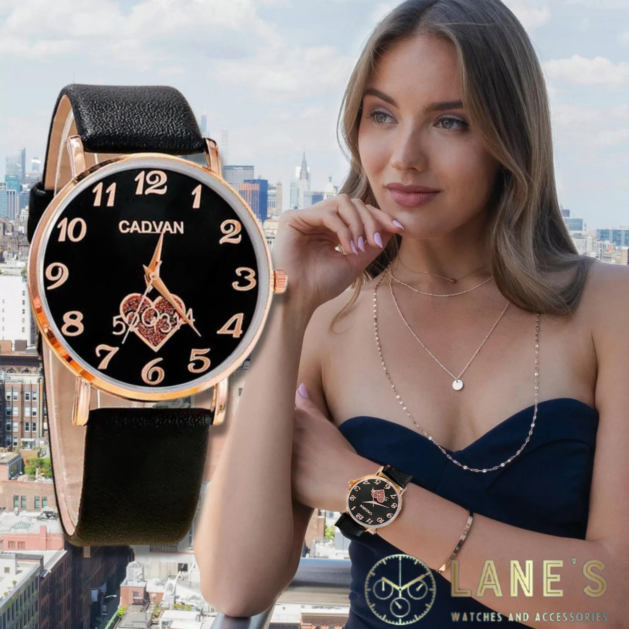 black faced watch with gold numbers and a glittery heart below the centre with a gold trim and a black strap on woman's wrist