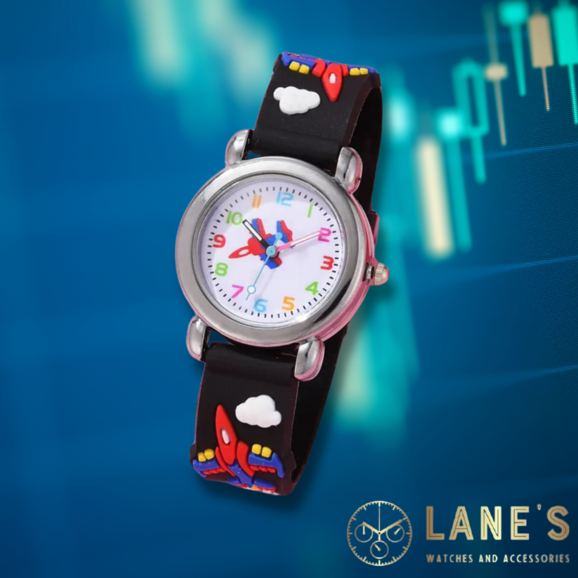 small children's aeroplane watch with a white face with colourful numbers and a small red and blue aeroplane in the middle with a silver trim and black strap with aeroplanes on it