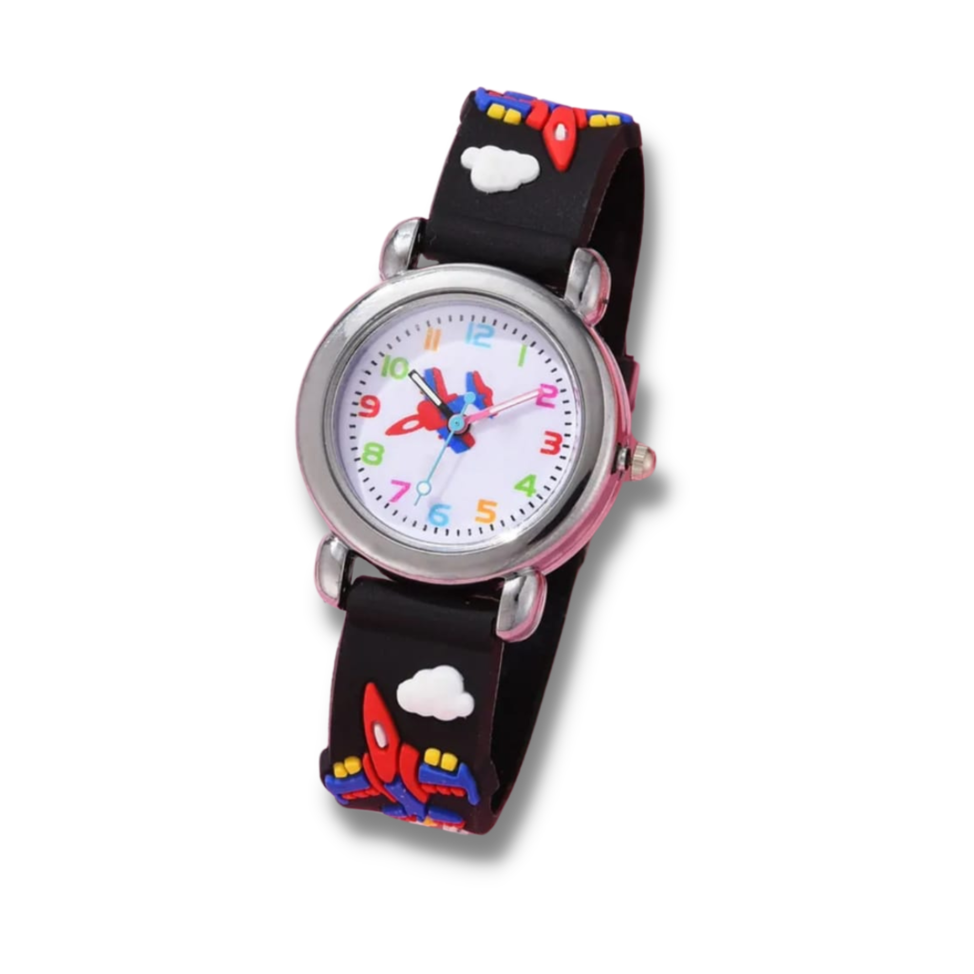 small children's aeroplane watch with a white face with colourful numbers and a small red and blue aeroplane in the middle with a silver trim and black strap with aeroplanes on it