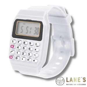 white small calculator watch with the digital time and a working calculator with a white strap