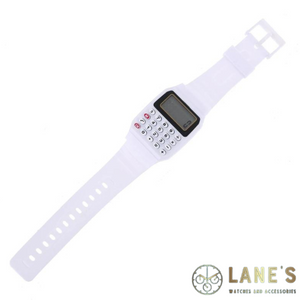 white small calculator watch with the digital time and a working calculator with a white strap