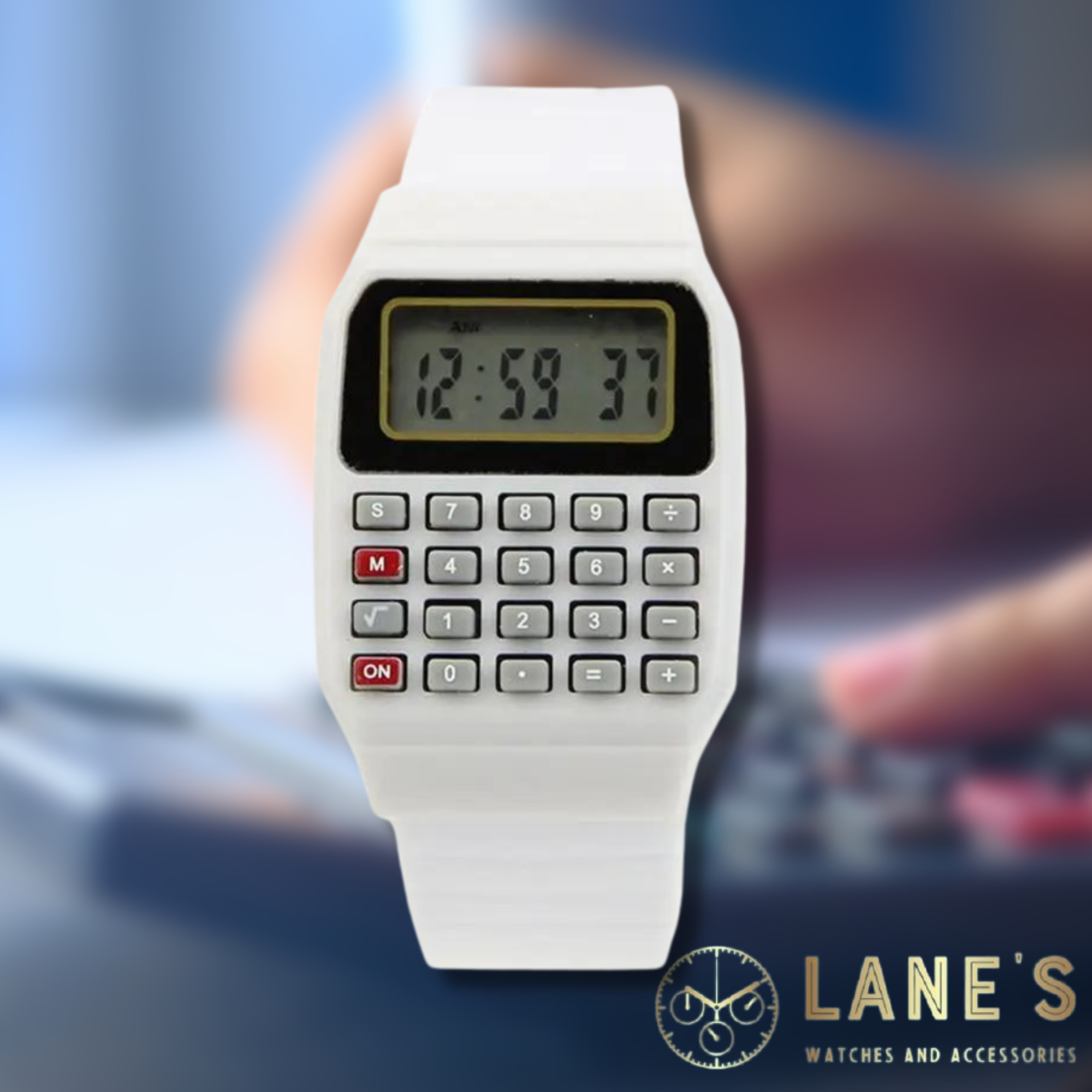 white small calculator watch with the digital time and a working calculator with a white strap