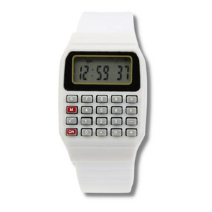 white small calculator watch with the digital time and a working calculator with a white strap