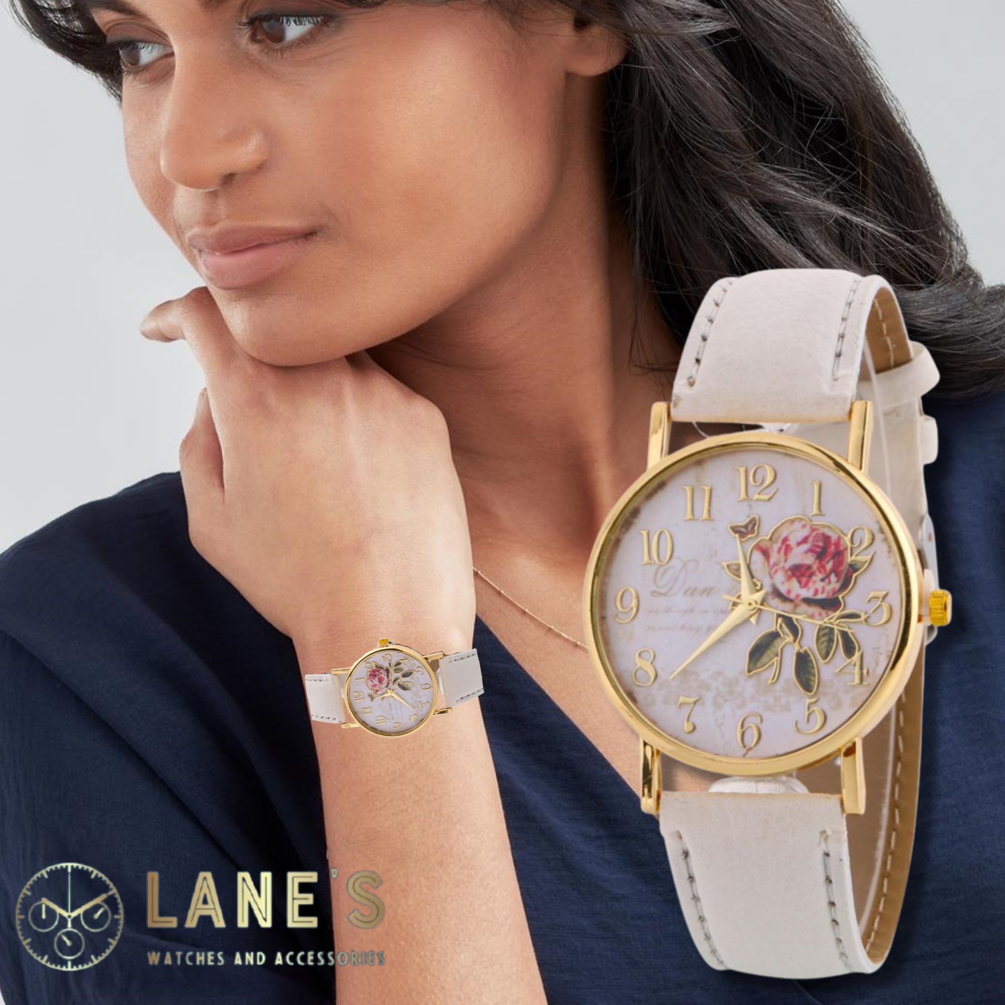 white faced watch with gold writing and a gold outlined rose with gold numbers on the dial with a gold trim and a creamy white strap on a woman's wrist