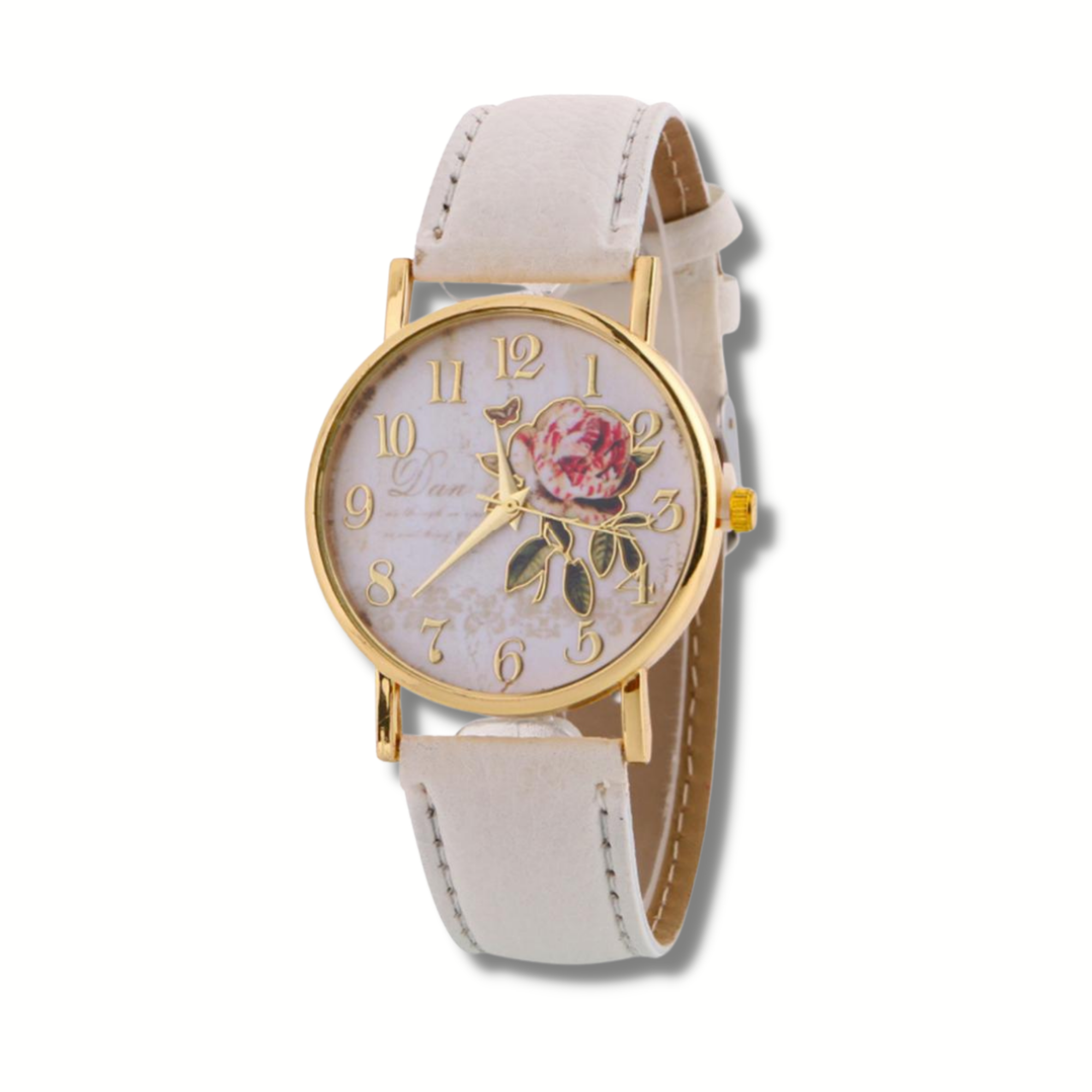 white faced watch with gold writing and a gold outlined rose with gold numbers on the dial with a gold trim and a creamy white strap on a white background