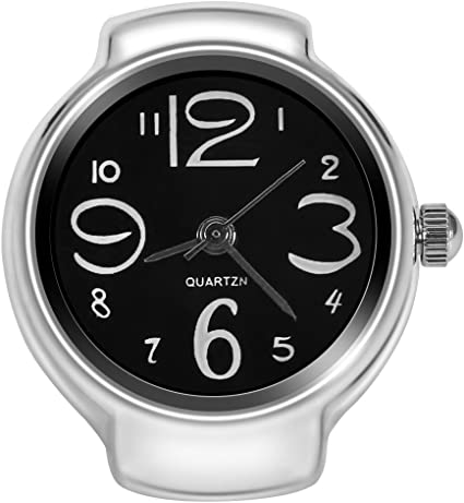 silver ring watch with a black face with white numbers on a white background