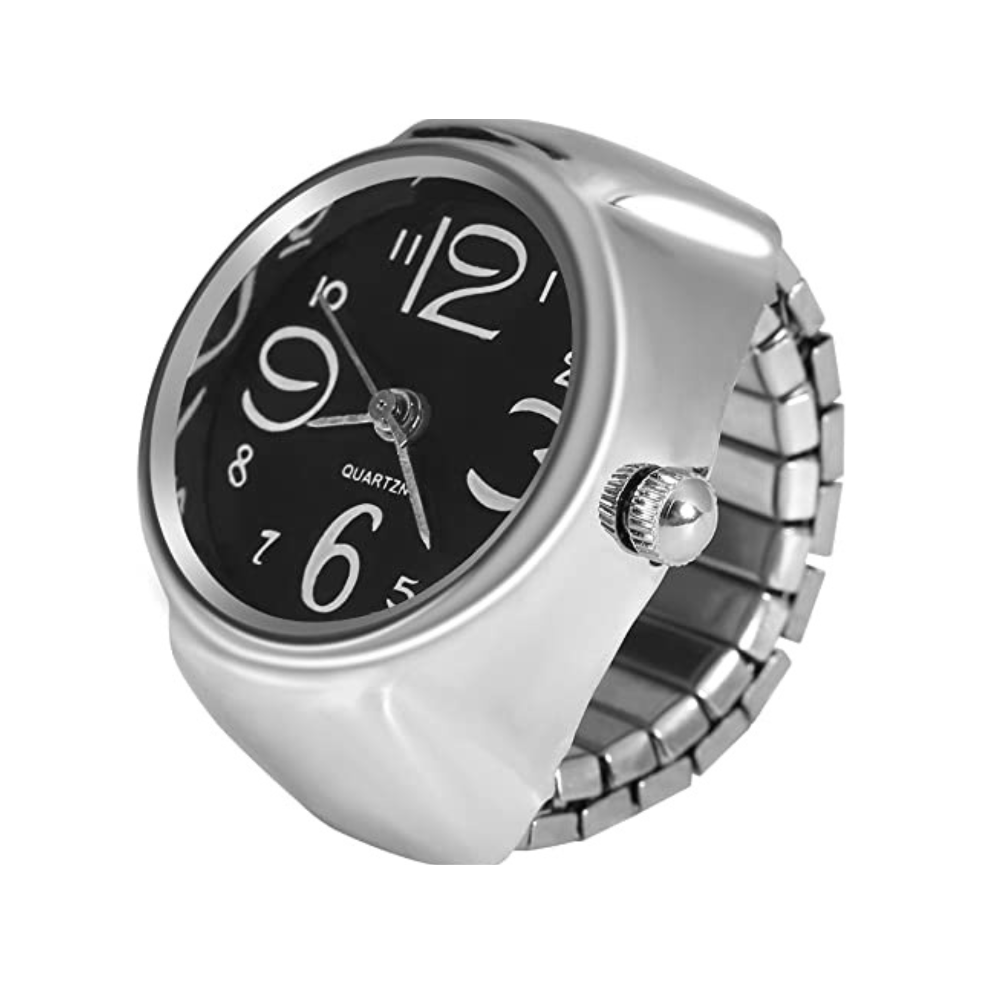 silver ring watch with a black face with white numbers on a white background