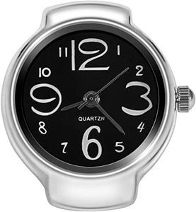 silver ring watch with a black face with white numbers on a white background