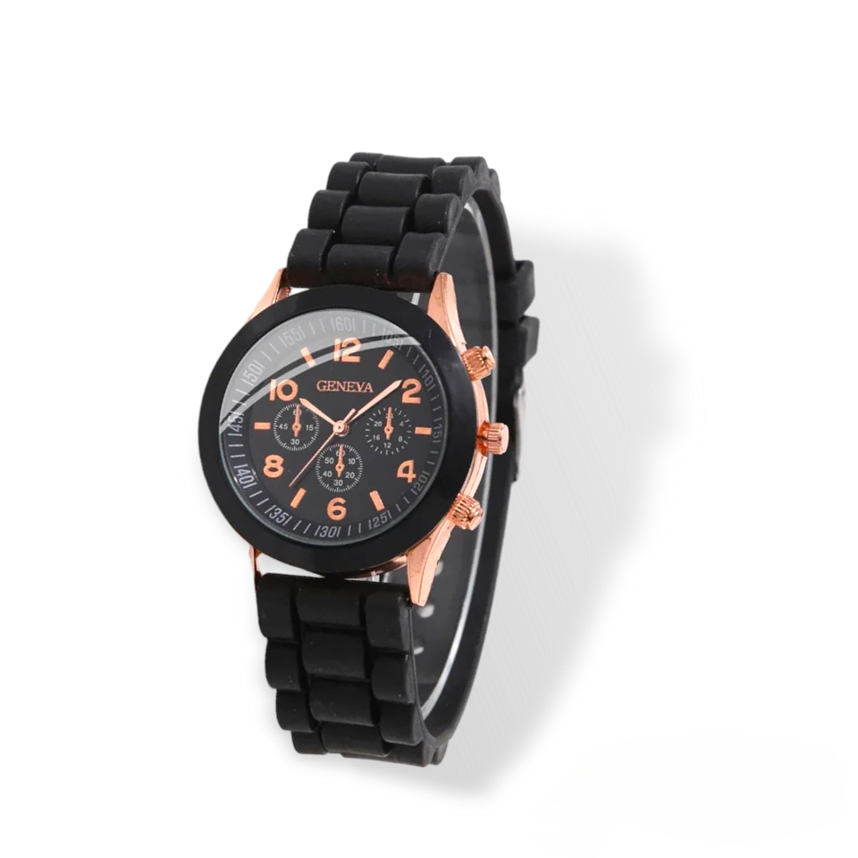 black faced watch with rose gold numbers counting up in twos with a black trim with rose gold edging with a rubbery black strap with a white background