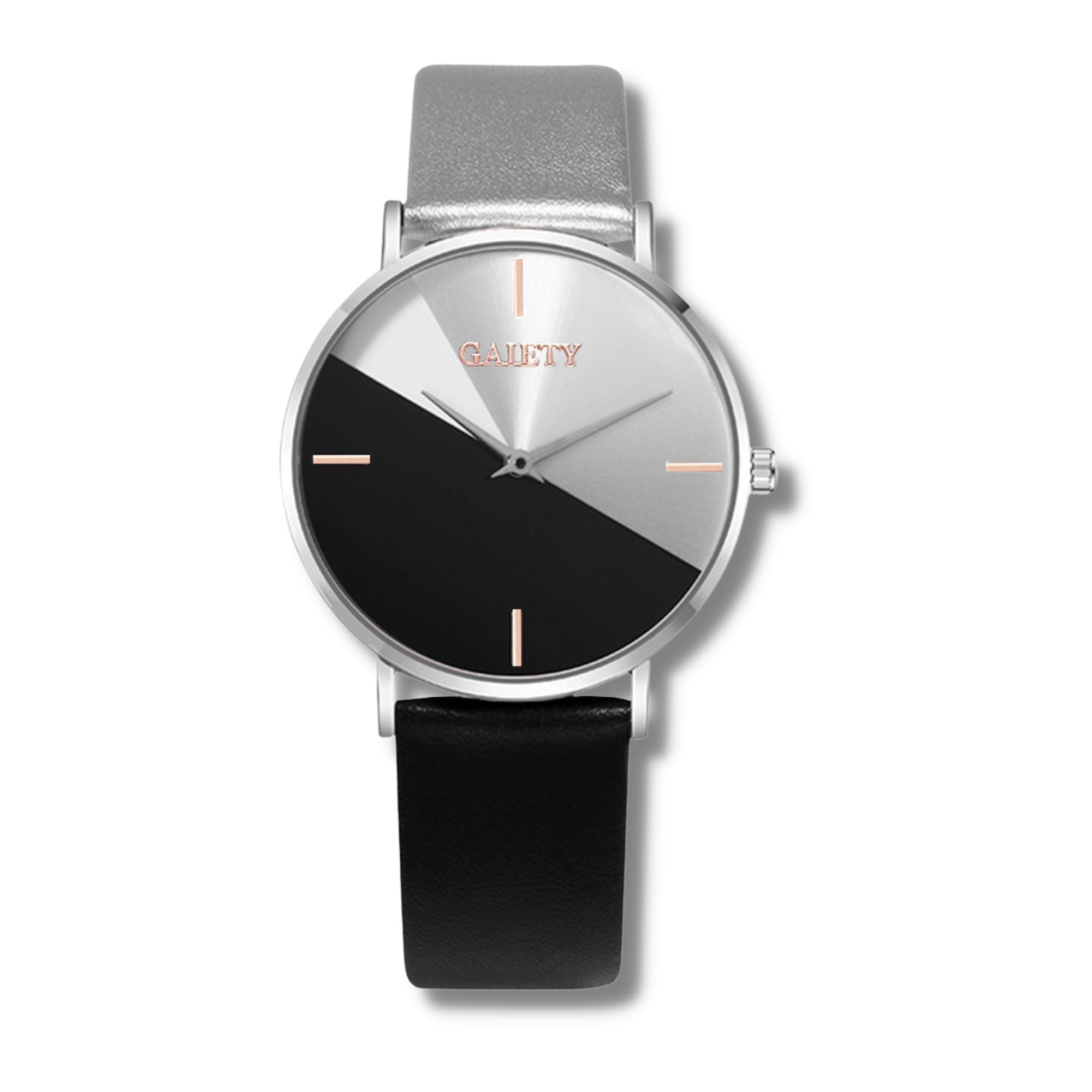 half black and half silver faced watch with 4 rose gold lines representing numbers with a silver trim and one black strap and one silver strap on a white background